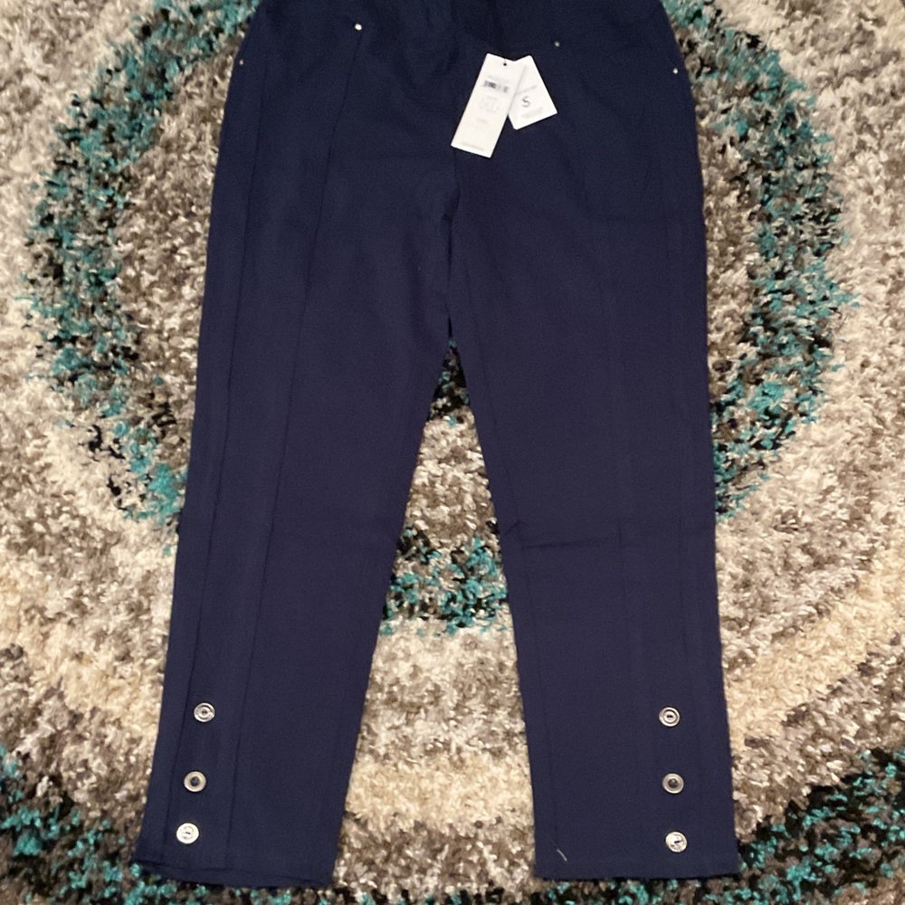 Neon Buddha Navy Button Hem Stretch Pants